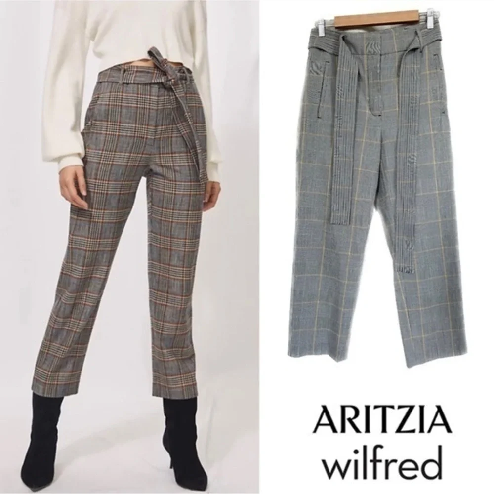 Wilfred Tie-Front Check Gray Plaid Cropped High-Waist Pants S (4)